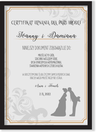 Prezenty na ślub dla Nowożeńców, certyfikat dla Pary Młodej, plakat 20566 Naklejkomania - zdjecie 1
