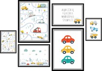 Zestaw sześciu plakatów plakatów plakaty w ramie dla dzieci KD062 pojazdy Naklejkomania - zdjecie 1 - miniatura