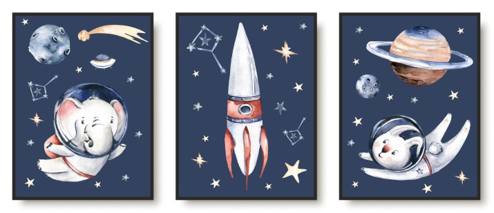 Zestaw trzech plakatów plakaty na ścianę kosmiczna przygoda KD067