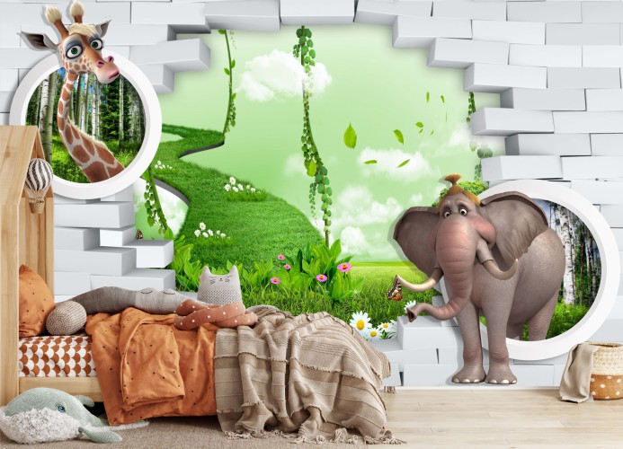 Tapeta Flizelinowa na ścianę dla 3d żyrafa oraz słoń 42687