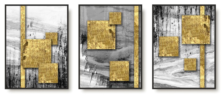 Zestaw trzech plakatów ozdobnych na ścianę postery złota geometria KP347 Naklejkomania - zdjecie 1