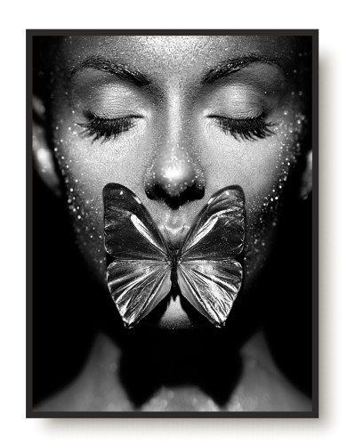 Plakat na ścianę poster kobieta z motylem na ustach monochrom 61547 Naklejkomania - zdjecie 1