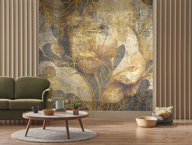 Tapeta Flizelinowa na ścianę liście w złocie 42696