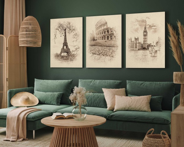 Obrazy tryptyki na ścianę Paryż, Londyn, Rzym - miniatury w stylu vintage 20702 - zdjęcie 2