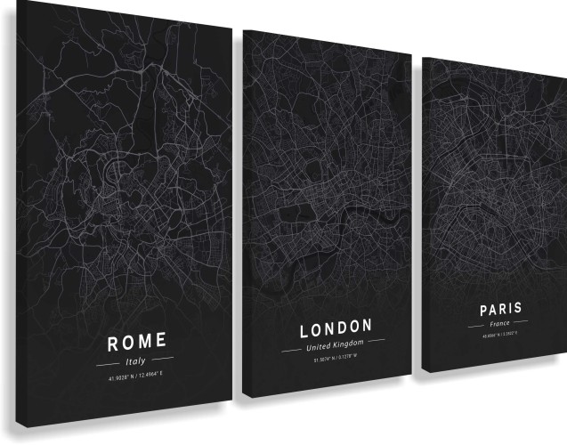 Obrazy tryptyki na ścianę Paryż, Londyn, Rzym - mapy miast  20703 Naklejkomania - zdjecie 1