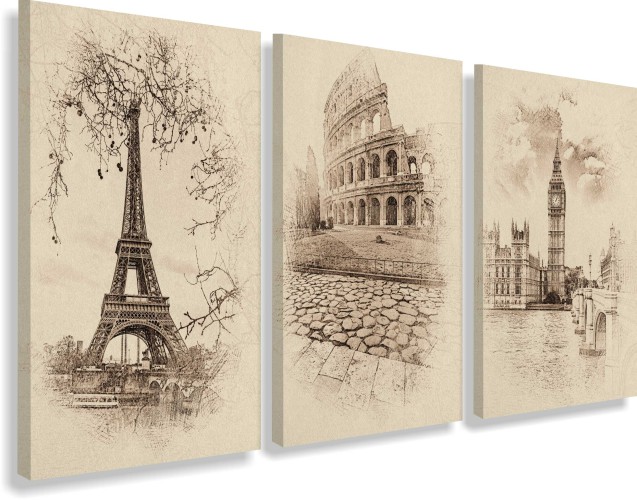 Obrazy tryptyki na ścianę Paryż, Londyn, Rzym - miniatury w stylu vintage 20702
