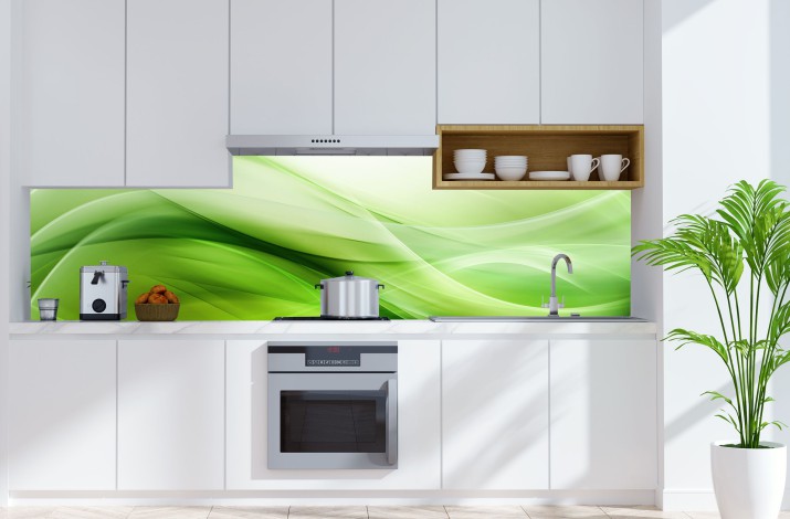 Szkło z grafika do kuchni zielona abstrakcja fala 42857