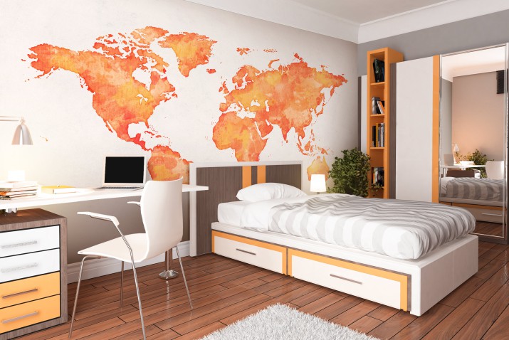 Fototapeta na ścianę Akwarelowa mapa świata - pomarańczowe kontynenty 90010