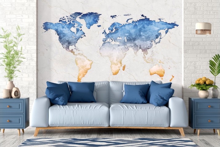 Fototapeta na ścianę Akwarelowa mapa świata - niebiesko-złote kontynenty na marmurze 90013