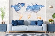 Fototapeta na ścianę Akwarelowa mapa świata - niebiesko-złote kontynenty na marmurze 90013 Naklejkomania - zdjecie 1 - miniatura