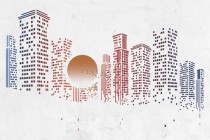 Fototapeta na ścianę Poranek w mieście - minimalistyczna grafika wschodu słońca za wieżowcami 90009 Naklejkomania - zdjecie 2 - miniatura