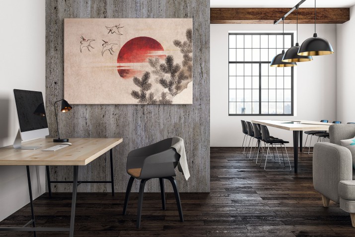 Obraz Ptaki i zachód słońca - reprodukcja japońskiego pejzażu Hokusai Katsushika 92044 - zdjęcie 3