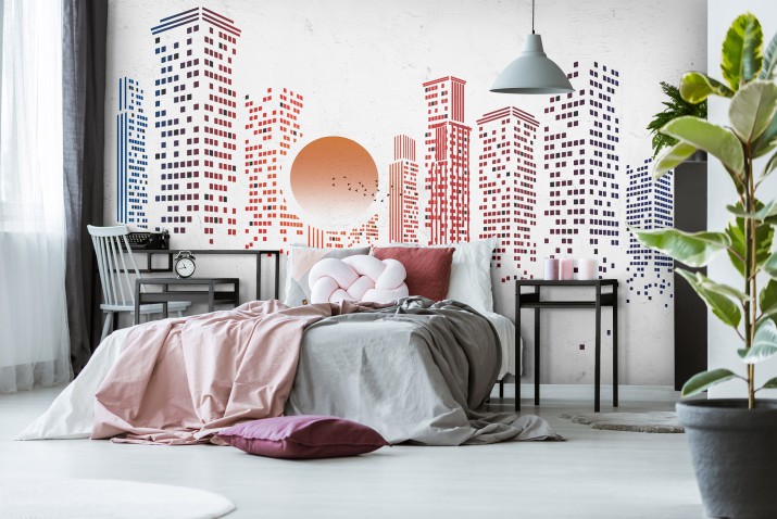 Fototapeta na ścianę Poranek w mieście - minimalistyczna grafika wschodu słońca za wieżowcami 90009