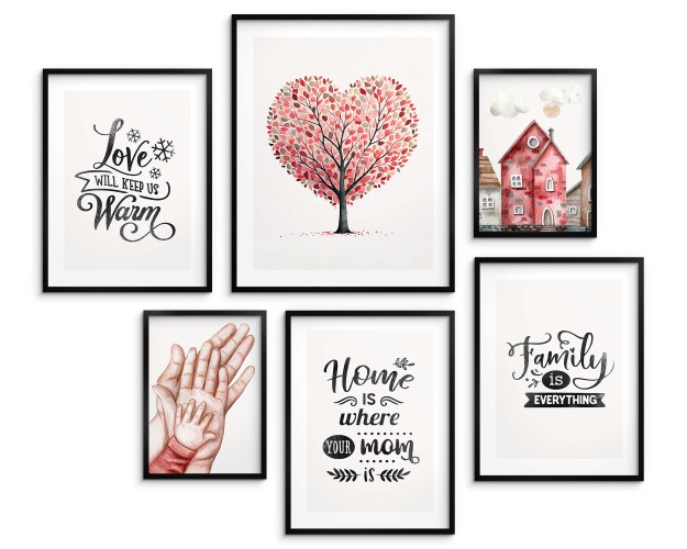 Zestaw plakatów Bezpieczne miejsce - drzewo-serce, napisy, rodzina i dom 91018