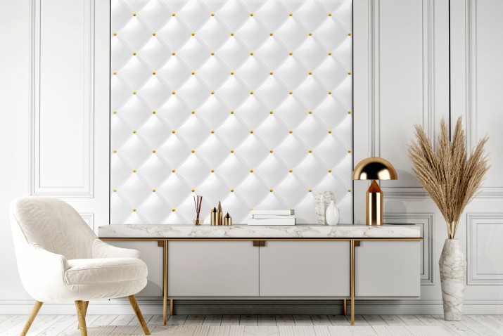 Fototapeta na ścianę Ściana glamour - pikowany biały materiał ze złotymi zdobieniami 90029