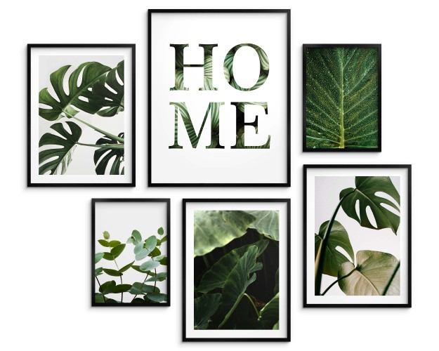 Zestaw plakatów Dom pełen roślin - napis HOME, monstery i zielone liście 91029