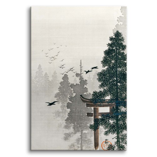 Stado ptaków i brama torii w lesie sosnowym - reprodukcja pejzażu, Ohara Koson 92104