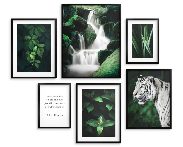 Zestaw plakatów Zielona dzika natura - liście roślin, wodospad i tygrys 91009 Naklejkomania - zdjecie 1