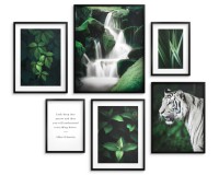 Zestaw plakatów Zielona dzika natura - liście roślin, wodospad i tygrys 91009 Naklejkomania - zdjecie 1 - miniatura