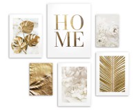 Zestaw plakatów Stylowy dom - złote liście, kwiaty, marmur i napis HOME 91030 Naklejkomania - zdjecie 3 - miniatura