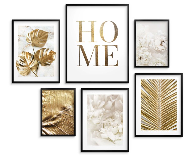 Zestaw plakatów Stylowy dom - złote liście, kwiaty, marmur i napis HOME 91030