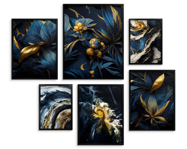 Zestaw plakatów Elegancja w złocie - granatowe rośliny i marmurowe abstrakcje 91006 Naklejkomania - zdjecie 1
