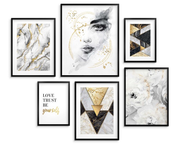 Zestaw plakatów Czarno-biały glamour ze złotem - marmur, kwiaty, kobieta i napis 91031