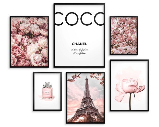 Zestaw plakatów Francuski styl - różowe kwiaty, wieża Eiffla, cytat i perfumy 91003 Naklejkomania - zdjecie 1
