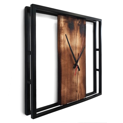 Zegar kwadratowy metal z drewno opalane  50cm x 50 cm - zdjęcie 3