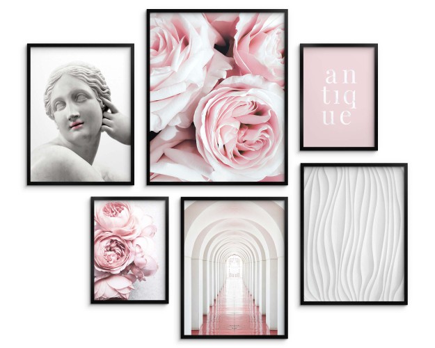 Zestaw plakatów Antyk - posąg kobiety, różowe kwiaty i architektura 91023