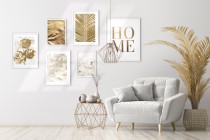 Zestaw plakatów Stylowy dom - złote liście, kwiaty, marmur i napis HOME 91030 Naklejkomania - zdjecie 2 - miniatura