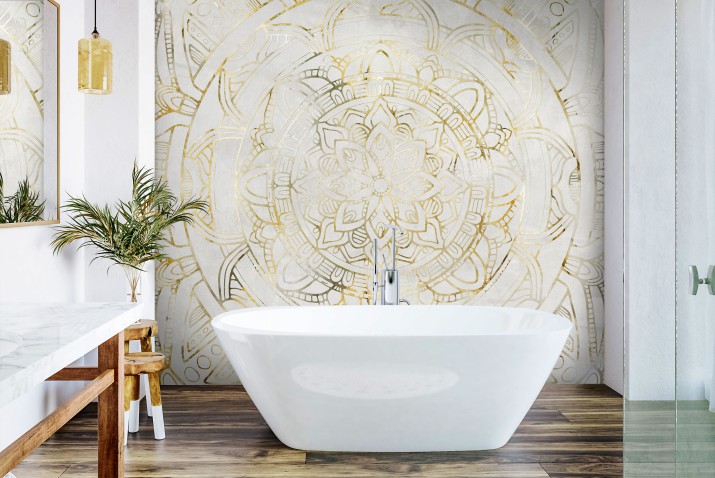 Fototapeta łazienkowa Złota mandala - orientalny wzór na białym marmurze 90021