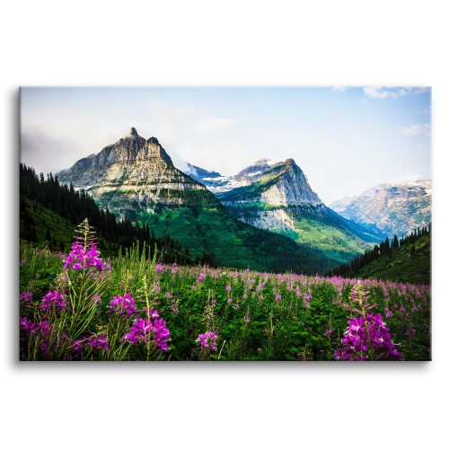 Obraz na ścianę Polana - górski krajobraz z łąką kwiatów, lasem i niebem 92129