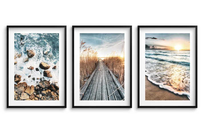 Zestaw trzech plakatów ozdobnych na ścianę Letnie pejzaże - morze, plaża, słońce i molo 91038 Naklejkomania - zdjecie 1
