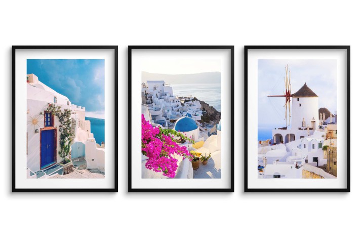 Zestaw trzech plakatów ozdobnych na ścianę postery Santorini w wakacyjnych kadrach 23152 Naklejkomania - zdjecie 1
