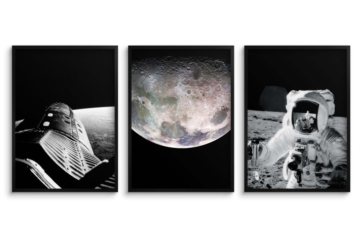 Zestaw trzech plakatów ozdobnych na ścianę Księżyc, astronauta i rakieta w kosmosie (NASA) 91035 Naklejkomania - zdjecie 1