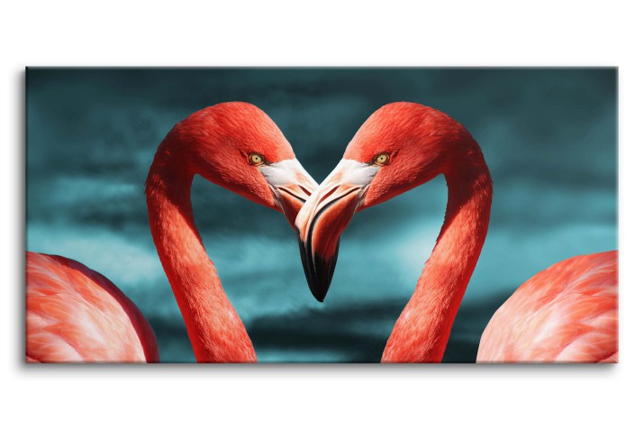 Obraz na ramie Dwa flamingi - różowe ptaki nad wodą 92150 Naklejkomania - zdjecie 1