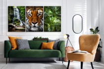 Obraz tryptyk Dzika natura - wodospad, tygrys i dżungla 92145 Naklejkomania - zdjecie 3 - miniatura