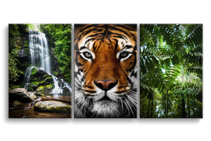 Obraz tryptyk Dzika natura - wodospad, tygrys i dżungla 92145 Naklejkomania - zdjecie 1