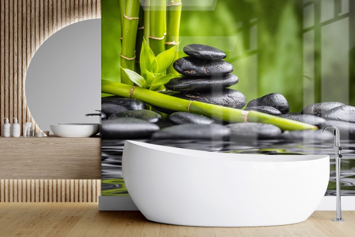 Panel szklany do łazienki Zen w naturze - kamienie, zielony babmus i woda 93021