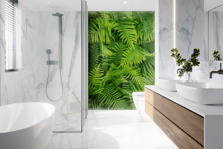 Panel szklany do łazienki Tropikalna dżungla - naturalne zielone liście paproci 93019