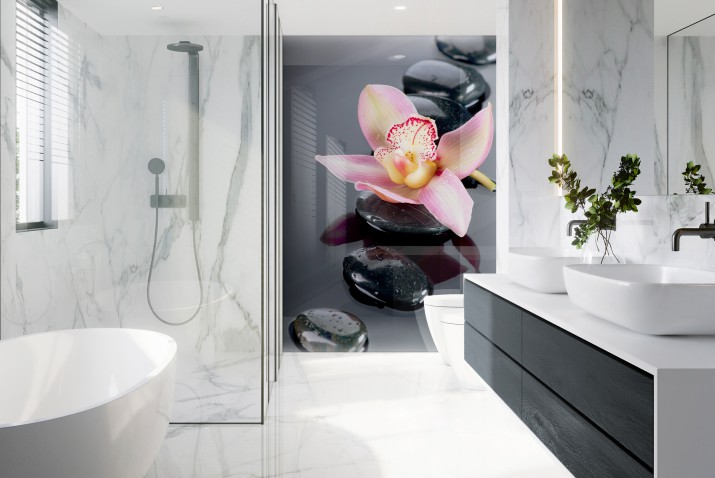 Panel szklany do łazienki Relaksujący klimat zen - kamienie spa i kwiat orchidei 93033