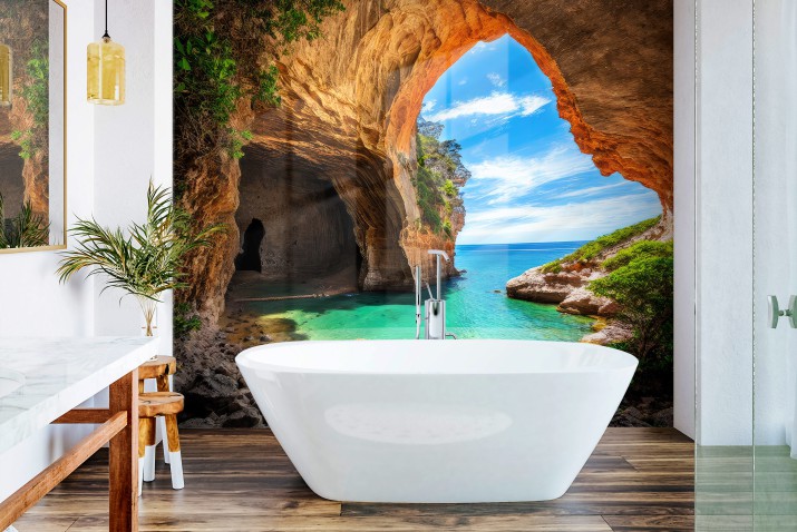 Panel szklany do łazienki Jaskinia - letni pejzaż śródziemnomorskiej natury 93032