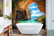 Panel szklany do łazienki Jaskinia - letni pejzaż śródziemnomorskiej natury 93032 Naklejkomania - zdjecie 1 - miniatura