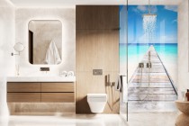 Panel szklany do łazienki Wakacyjny widok - drewniane molo na błękitnym oceanie 93043 Naklejkomania - zdjecie 1 - miniatura