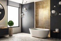 Panel szklany do łazienki Elegancja - tekstura betonowej złotej ściany 93038 Naklejkomania - zdjecie 1 - miniatura