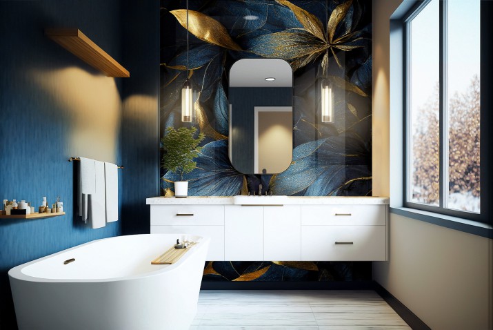 Panel szklany do łazienki Eleganckie rośliny - niebiesko-złote liście  93028