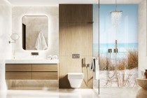 Panel szklany do łazienki Letnia plaża - widok na morze, piasek, trawę i niebo 93016 Naklejkomania - zdjecie 1 - miniatura