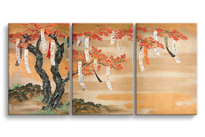 Obraz tryptyk Reprodukcja Japońskie drzewo z wierszami - reprodukcja grafiki, Tosa Mitsuoki 92186