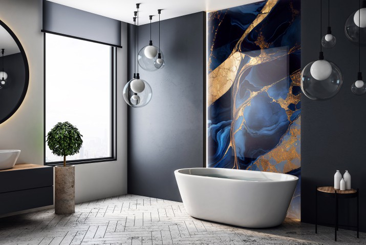 Panel szklany do łazienki Granatowo-złota ściana - abstrakcyjny ozdobny kamień 93017